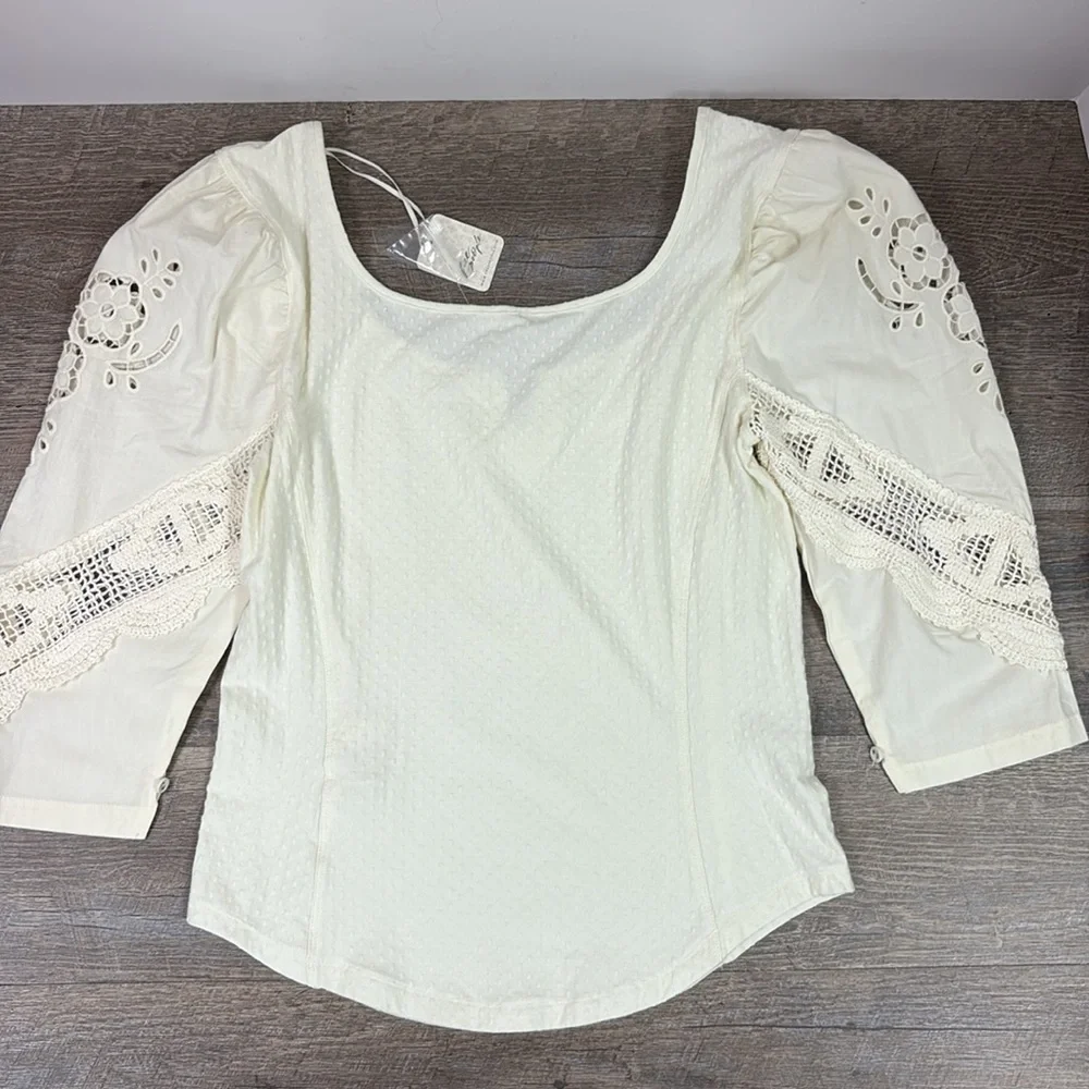 NEW Free People Brunch Date Knit V-Neck 3/4 Puffed Sleeve Top XL